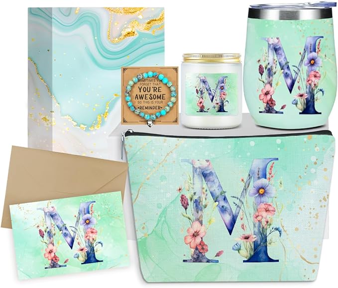 Personalized Gifts Monogrammed Birthday Gifts for Women, Her, Teacher Mother in Law Wedding Christmas Initial Wine Tumbler Makeup Bag Scented Candle Bracelet Set, (Aesthetic Green Flower M)
