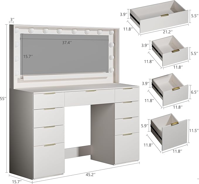 ALEXNUTRE Vanity Desk with Large Mirror and Lights, 45.3in Makeup Vanity with Power Outlet 9 Drawers & Storage, 3 Lighting Color Adjustable, White Vanity Desk for Bedroom