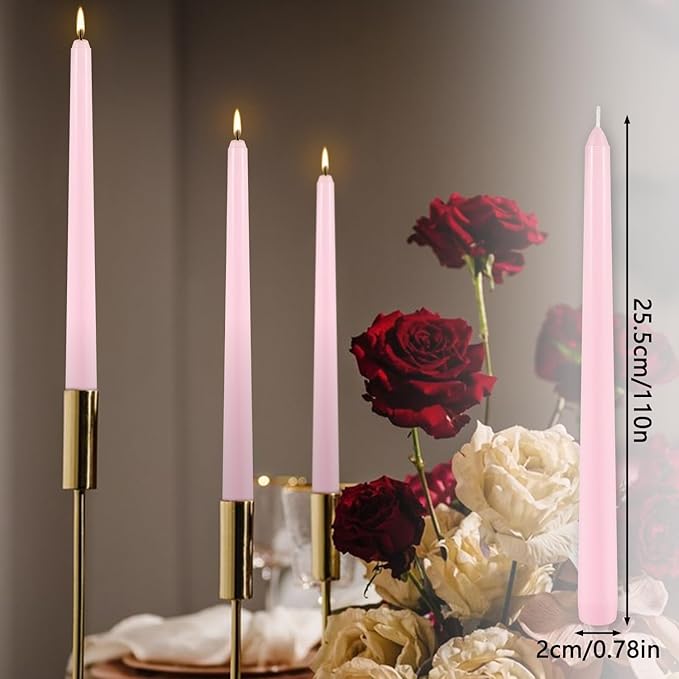 10 Inch Pink Taper Candles Set of 24,Unscented,Smokeless and Dripless Candlestickst for Valentine's Day,Household, Wedding, Party and Home Décor Candlesticks,Shabbat,8 Hours Burn Time
