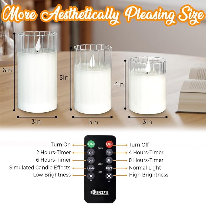 Rechargeable Flameless Glass Pillar Candles – Remote & Timer – Set of 3 White Stripes Realistic Flickering LED Light, Ideal for Living Room, Bedroom & Holiday Décor& Gifts for Women