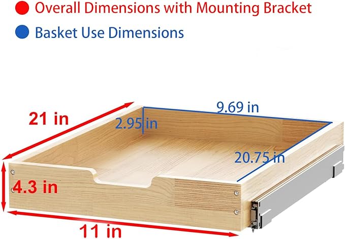 Sikarou Wood Pull Out Cabinet Organizer 11" W x 21" D, for 12" Cabinet Opening Heavy-Duty Sliding Drawers for Inside Cabinets Storage and Organization for Kitchen