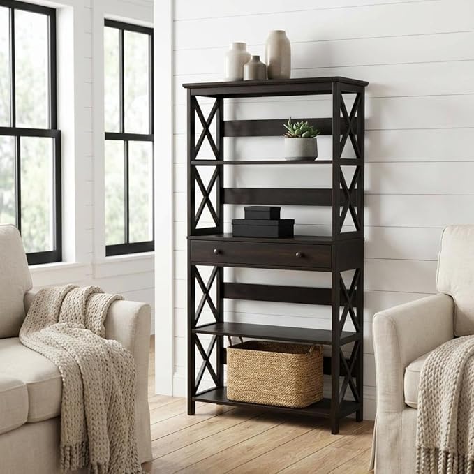 Furnifact Black 5 Tier Bookcase with Drawer, Modern Storage, Durable Particle Board, Non Lead Paint Finish, Home Office or Living Room Organizer