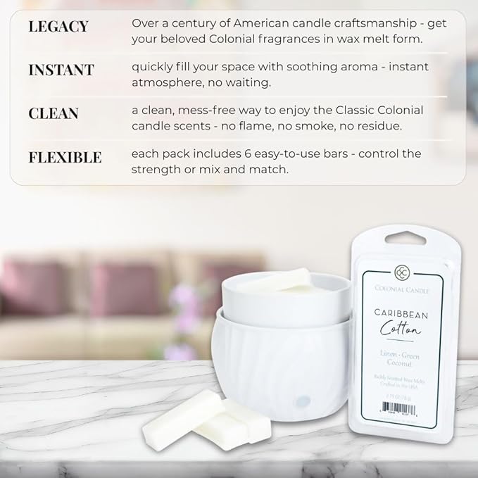 Colonial Candle Caribbean Cotton Scented Wax Melts, Wax Melt Warmer Cubes, Long Lasting Scented Wax Warmer Cubes, 4 Pack, 6 Cubes Each - Made in The USA