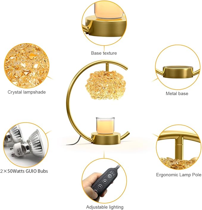 Yeuslor Bronze Candle Warmer Lamp for Jar Candles with Adjustable Brightness＆Timer，Handcrafted Crystal＆Wooden Base,Candle Lamp Luxurious Design+2Bulbs,Home Decoration Electric Candle lamp(C-Shaped)