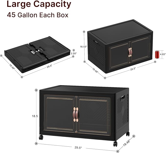 UAMFURI Stackable Storage Bins with Lids, 180QT Closet Organizers, Lockable Storage Cabinet，Foldable Storage Box with Doors and Wheels, Plastic Drawers for Home, Garage, Office (1, Black, Extra Large)