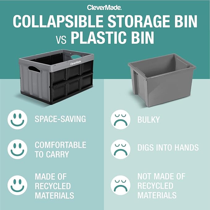 CleverMade Collapsible Storage Bins 46L (3-Pack) – Heavy Duty Collapsible Plastic Storage Bins, Stackable Folding Storage Bins for Car, Garage, Home Organization - Foldable Bins, Stone