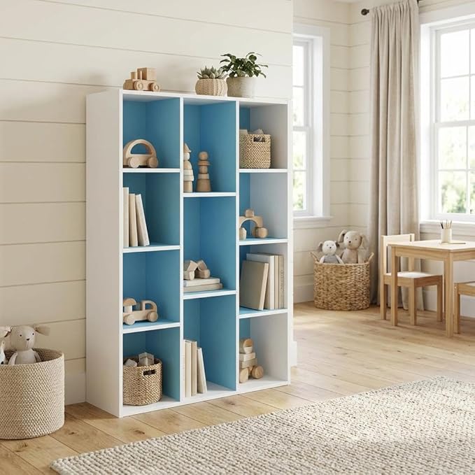 Furnifact White Light Blue 11-Cube Reversible Open Shelf Bookcase, Durable Wood Construction, Versatile Storage Solution, Modern Design