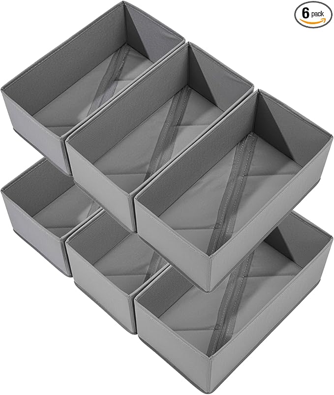 Sock Drawer Organizer 6 Pack - Collapsible Fabric Storage Bins for Underwear Divider, Small Closet Organizers with 6 Compartments, Gray