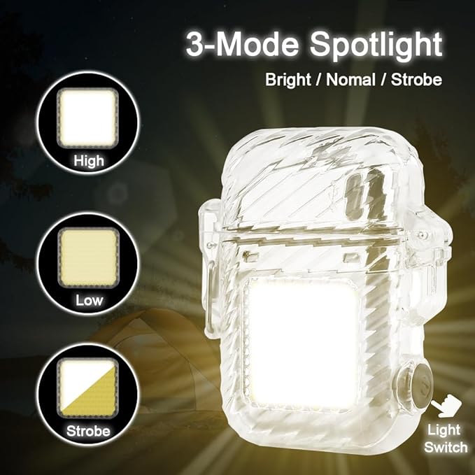 SUPRUS Luminous 3 Modes of Flashlight Windproof Waterproof Lighter Electric Rechargeable Dual Arc Plasma Lighter with Survival Emergency Whistle and Lanyard (Silver)
