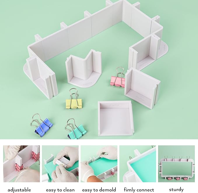 Nicpro Adjustable Molds Housing for Silicone & Resin Molds, Reusable Plastic Frame with Binder Clips & Double-Sided Tape for Soap & Candle Making