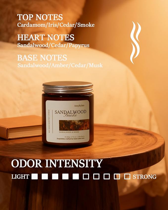 2 Wicks 17oz Large Non-Toxic Soy Wax Scented Candle, Sandalwood&Smoke 120 Hours of Burn Time, Long Lasting Candle for Gift, Cost-Effective Candle for Home Fragrance, Aromatherapy