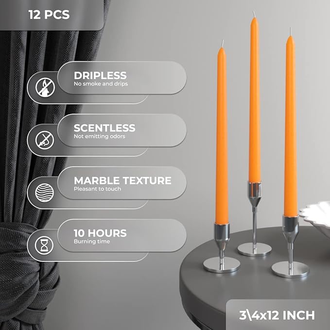 CANDWAX 12 inch Orange Taper Candles Set of 12 — Slow Burning Tapered Candle Sticks Ideal for Halloween Decorations, Dinner Table Centerpiece or Thanksgiving Décor — Orange Candles