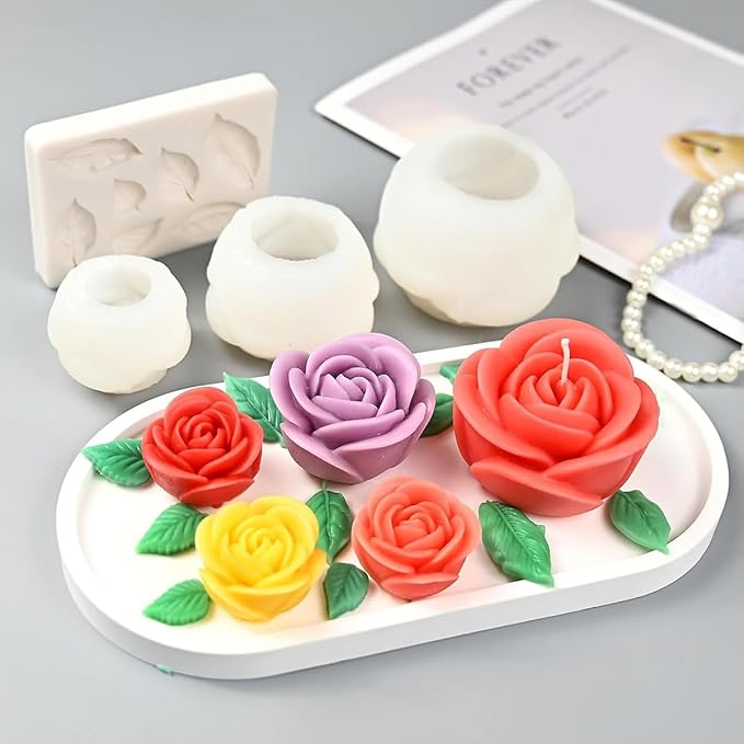 4PCS Rose & Leaf Candle Molds, 3D Flower Silicone Molds for Candles Epoxy Resin Casting Wax Soap Clay Plaster Home Decoration Handmade Gift
