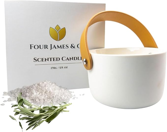 FOUR JAMES & CO Luxury Highly Scented Premium Eco-Friendly Soy Wax 6oz Candles in Modern Giftable Box (Sea Salt & Sage)