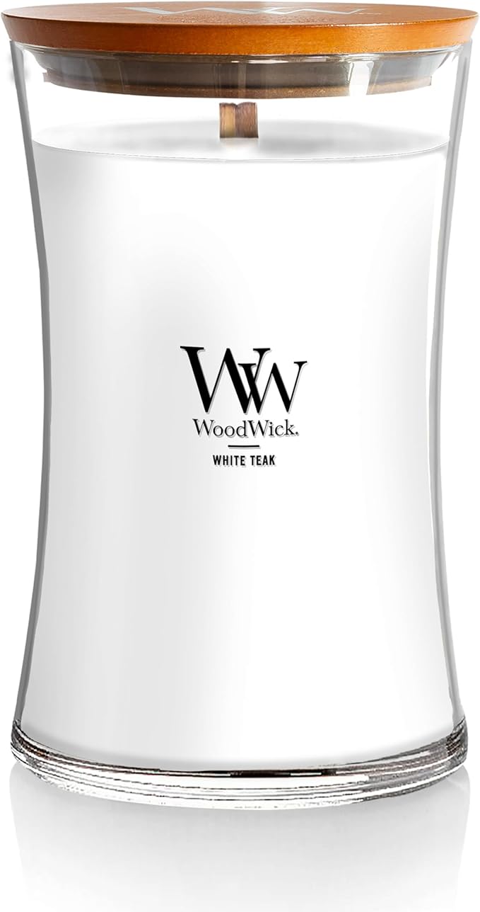 WoodWick Large Hourglass Candle in White Teak Premium Soy Blend Wax with Crackling Pluswick Innovation Wood Wick