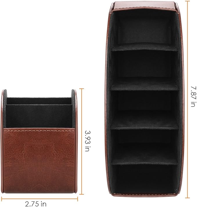 SITHON Remote Control Holder with 5 Compartments - PU Leather Remote Caddy Desktop Organizer Store TV, DVD, Blu-Ray, Media Player, Heater Controllers, Brown