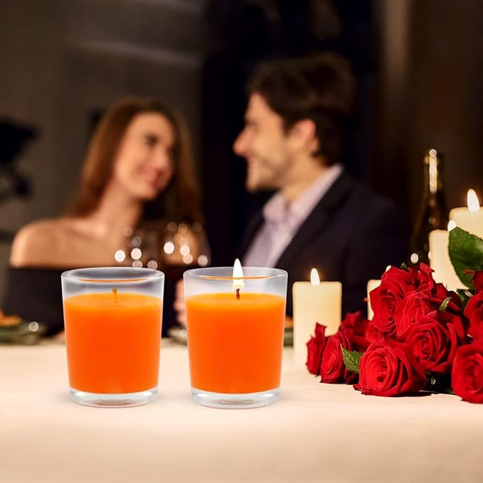 20 Packs Unscented Orange Votive Candles in Clear Glass, Small Bulk Natural Soy Wax Scentless Fall Colored Candles for Thanksgiving Halloween Harvest Home Holiday Spa Decoration