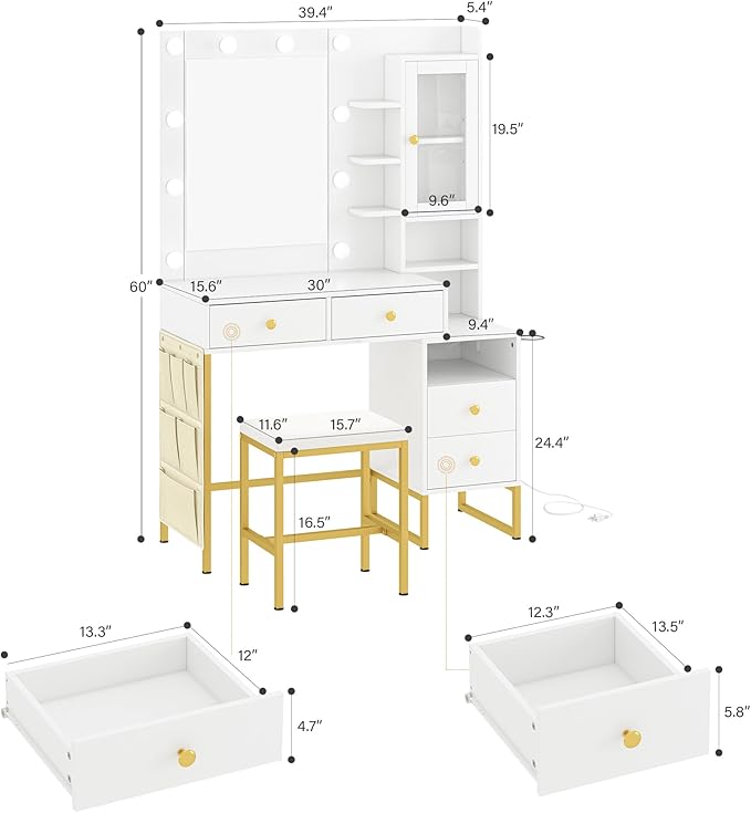 YIKEHOME 42 Inchs Vanity Desk with Large Mirror and Hollywood Bulb Design Lights, Women Makeup Vanity Table with Power Outlet, 6 Drawers & Storage, 3 Lighting Color Adjustable for Bedroom