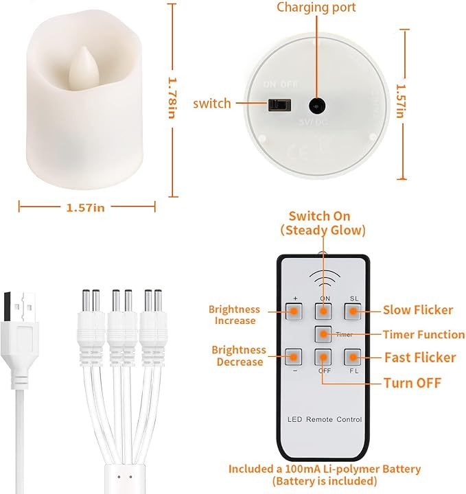 Rechargeable Flameless Flickering Tea Light Candles Remote Control High Brightness Votive Candles with Cycling Timer, for Home and Holiday Decor, Pack of 6.