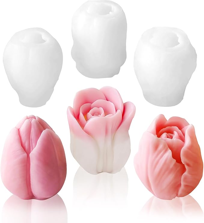 3 PCS Tulip Flower Silicone Molds 3D Floral Resin Candle Soap Mold Flower Fondant Chocolate Cake Decoration Mold for Candle Making for DIY Epoxy Resin Crafts,Polymer Clay Craft,Home Decor Mould