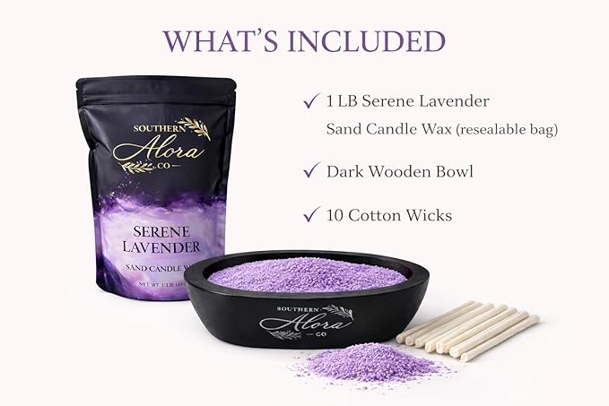 Sand Candle Wax 1 LB – Southern Alora Scented Candle Sand with 10 Cotton Wicks, Refillable & Reusable for Candle Making, Spill-Safe for Bowls & Centerpieces (Serene Lavender Kit with Wood Bowl)