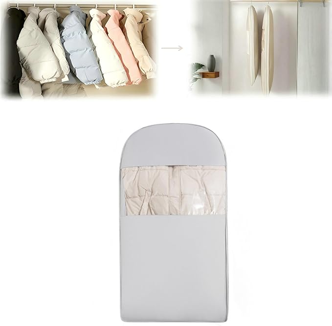 Space Saving Hanging Garment Bag with Self Compression Zipper, 2025 New Space Saver Clothes Storage Organizer, Dust Cover Clothes Bags for Down Coat Suit Dress or Jacket (Gray, L)