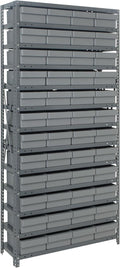 Quantum 1875-606GY Heavy Duty Shelving Unit with (13) Shelves and (48) QED606 Gray Bins for Industrial Warehouse Storage Distribution | 400 lbs Capacity | 18"D x 36"L x 75"H, Galvanized Carbon Steel