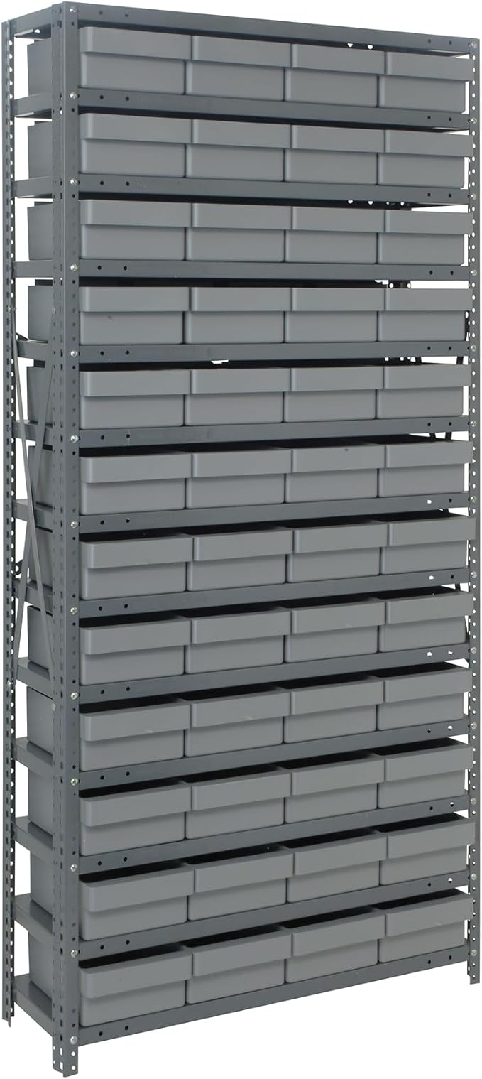 Quantum 1875-606GY Heavy Duty Shelving Unit with (13) Shelves and (48) QED606 Gray Bins for Industrial Warehouse Storage Distribution | 400 lbs Capacity | 18"D x 36"L x 75"H, Galvanized Carbon Steel