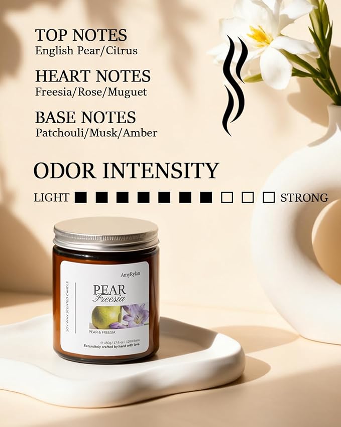 2 Wicks 17oz Large Non-Toxic Soy Wax Scented Candle, Pear & Freesia 120 Hours of Burn Time, Long Lasting Large Candle for Gift, Cost-Effective Candle for Home Fragrance, Aromatherapy