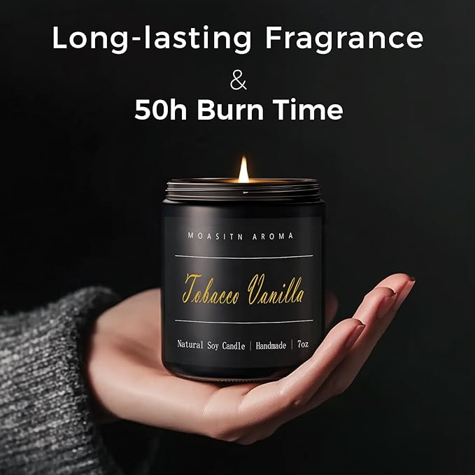 MOASITN Tobacco Vanilla Highly Scented Candle for Home|Organic Soy Candel| Handmade Long Lasting Aromatheraphy Jar Candles| Gift for Women,Men for Relaxing,Housewarming,Autumn|7oz