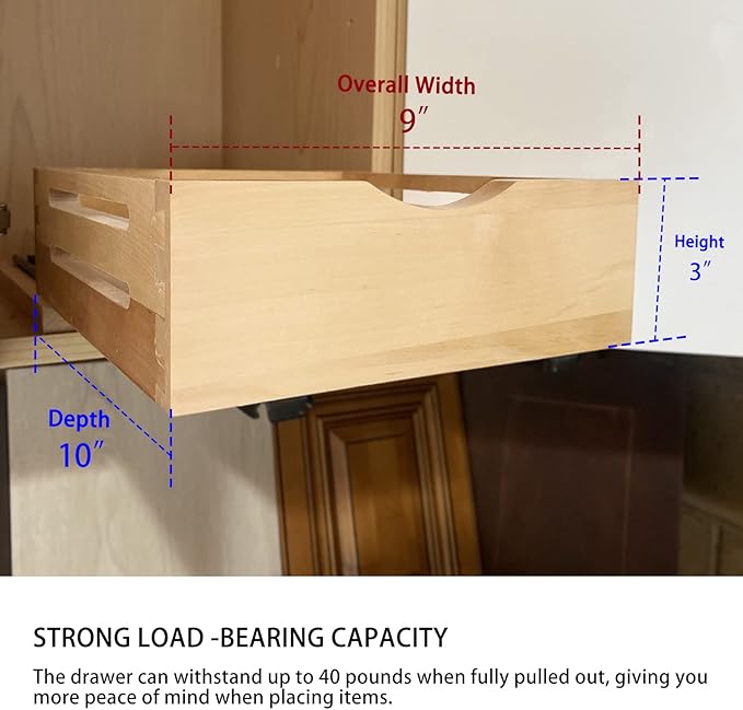 Fully Assembled Drawer Wood Pull Out Tray Drawer Box Kitchen Cabinet Organizer, Cabinet Slide Out Shelve, Wooden Pull-Out Shelf (9" W×10" D×3" H)