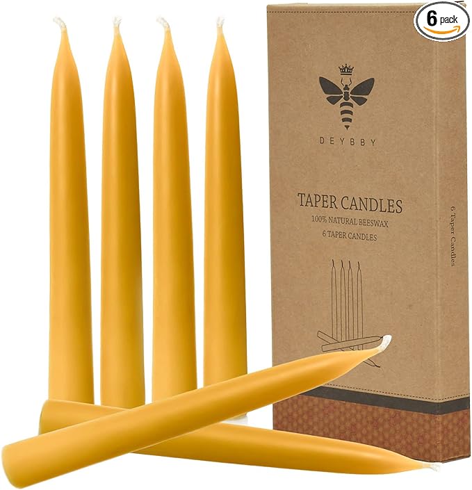 Natural Beeswax Taper Candles, DEYBBY Smokeless and Dripless Beeswax Candles, Long Lasting Burning, Nontoxic, 8 inch, 6 Pack