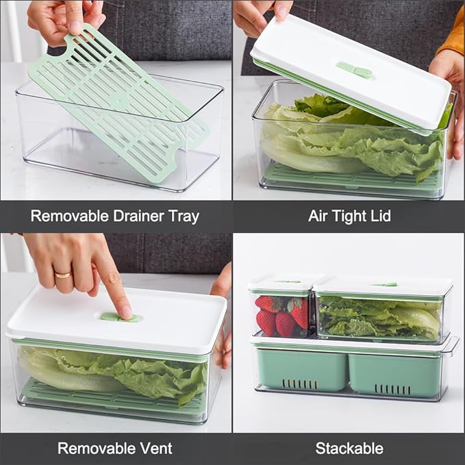 Lille Home Stackable Produce Saver, Organizer Bins/Storage Containers with Removable Drain Tray, Set of Three, for Refrigerators, Cabinets, Countertops and Pantry, BPA Free (Set of Three)