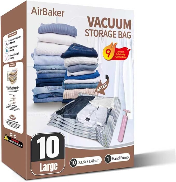 Vacuum Storage Bags for moving, Vacuum Seal Bags for Memory Foam, Latex, Clothing & Bedding, Space Saver Bags for Organization and Storage (Large)