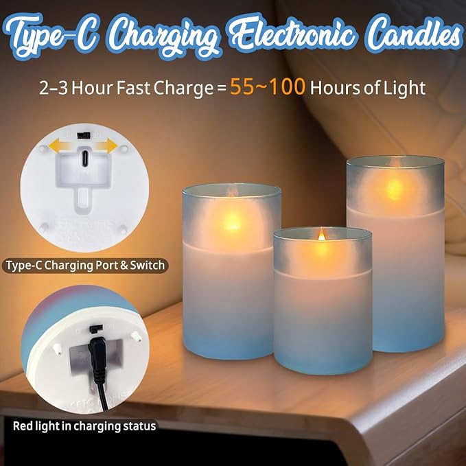 Rechargeable Flameless Candle, Flickering LED Pillar Glass Fake Candle with Remote and Timer, Built-in Battery Real Wax Electronic Candle for Room Decoration, Set of 3