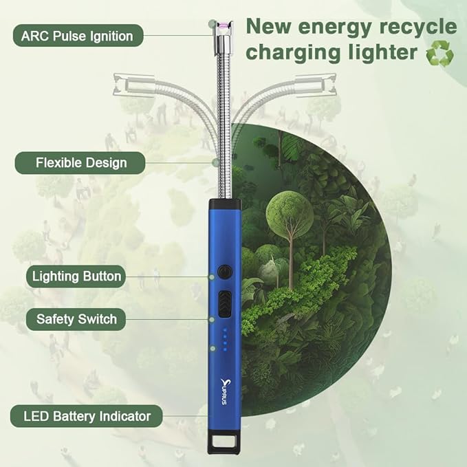 SUPRUS Rechargeable Candle Lighter Electric Arc Triple Safety Long Lighter Stainless Steel Shell & Hanging Hook (Blue)