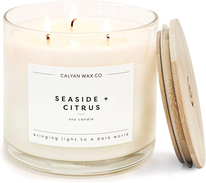 Calyan Wax Co. Seaside & Citrus 3 Wick Scented Candle - 43 Hour Burn - Luxury 3 Wick Soy Candles - Non Toxic Soy Wax Candles - Long Lasting Large Glass Jar Candle for Home - 14.9oz