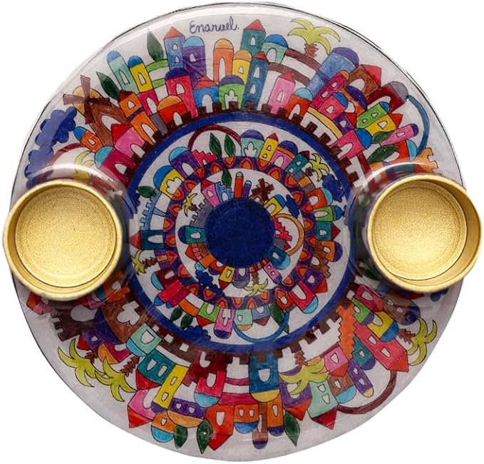 Yair Emanuel Flat Plate Candle Holders for Shabbat 4 Inch Vibrant Pattern Design Modern Judaica Gift (CSE-3 Jerusalem)
