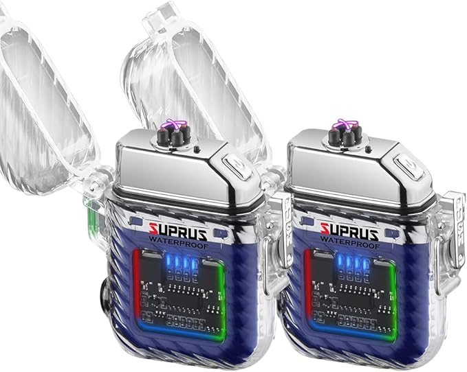 SUPRUS Waterproof Luminous Lighter of Flashlight Windproof Arc Electric Lighters Rechargeable Dual Arc Plasma (Blue, 2Packs)