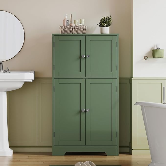 TEENFON Bathroom Cabinet, Narrow Bathroom Storage Cabinet with 5 Adjustable Shelves & Drawer, Freestanding Cupboard for Small Spaces, Green