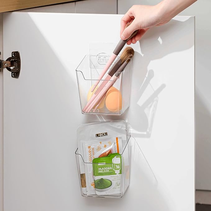 Clear Cabinet Door Organizer Bathroom, 4 Pack Hanging Makeup Storage Brush Holder, Adhesive Storage Bin Versatile Vertical Wall Mount Caddy for Pantry Office Kids' Room Small Items Organization