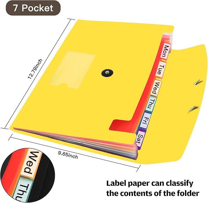 7 Pocket Accordian File Folders, Expanding File Folder A4 Letter Size Paper Portable Document Organizer-Yellow
