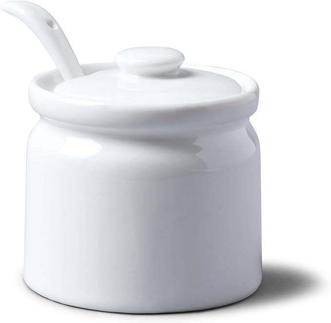 WM Bartleet & Sons 1750 T165 Traditional Porcelain Sugar/Jam/Mustard Pot with Lid & Spoon 8cm – White, 24 oz