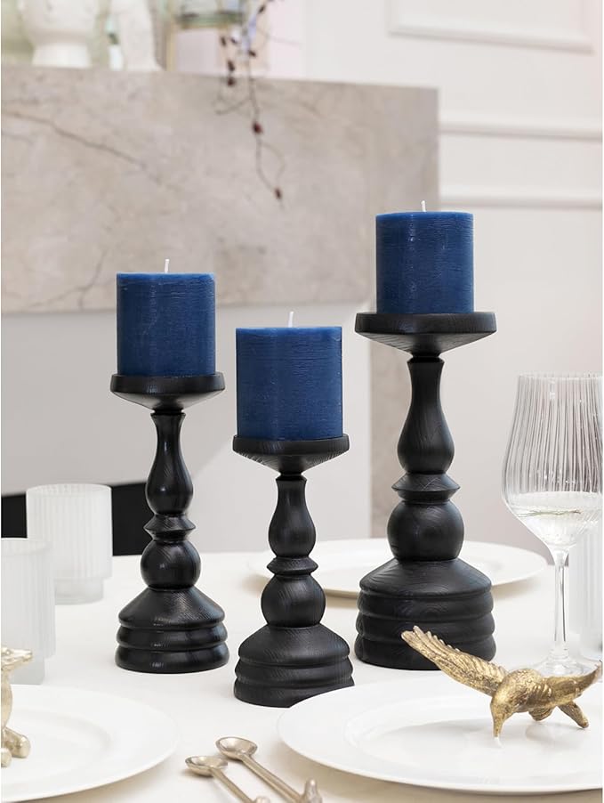 CANDWAX 3x3 Pillar Candles Set of 3 - Rustic Unscented No Drip Dark Blue Candles for Home Decor, Weddings, Centerpieces