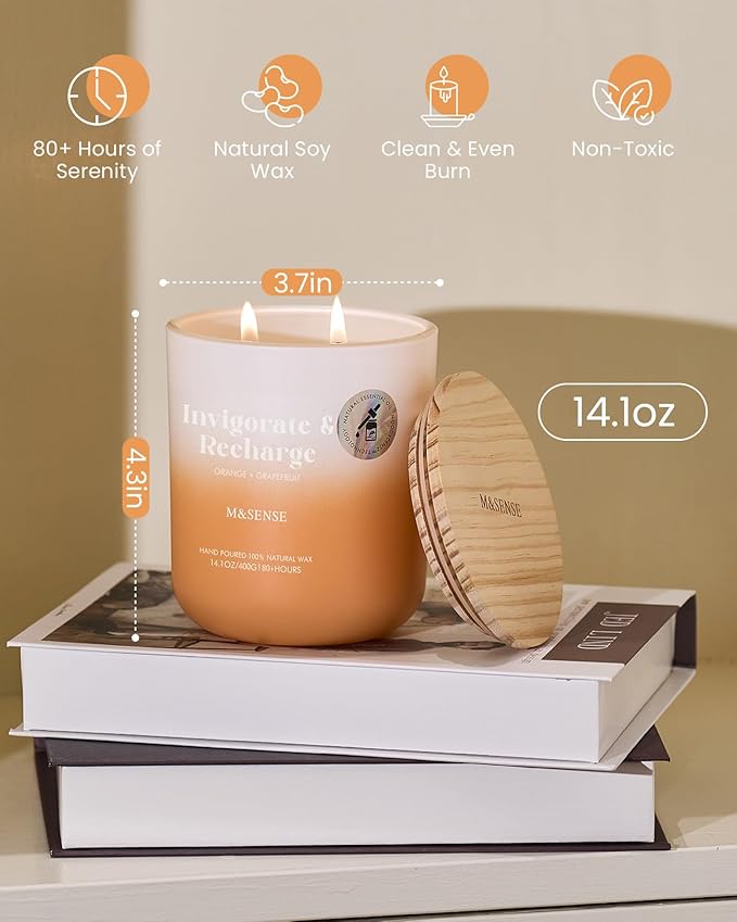 M&SENSE Orange Grapefruit Candle for Home Scented, 14.1oz Non Toxic 80 Hours Long Lasting Natural Soy Wax 2 Wick Aromatherapy Candle for Bath Bedroom, Spiritual Healing Gifts for Housewarming