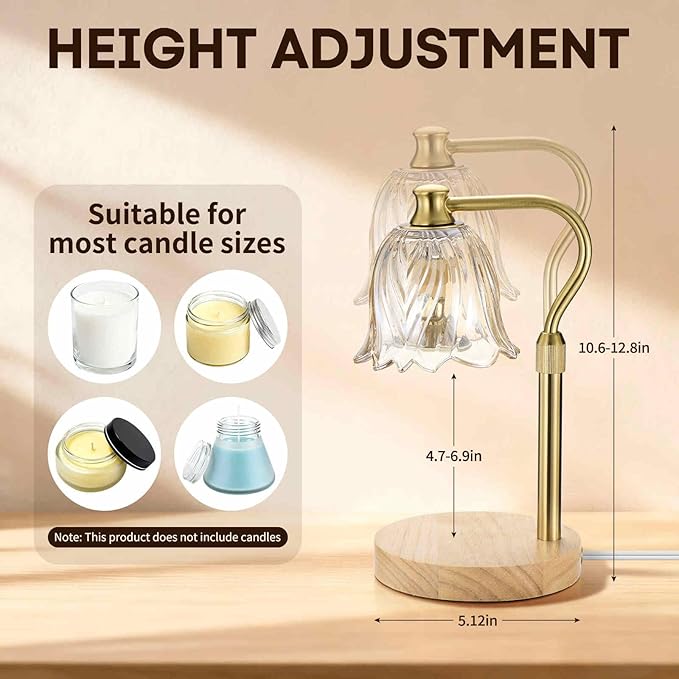 Candle Warmer Lamp with Timer and Dimmer, Adjustable Height Candle Warmer with 2 Bulbs for Living Room Bedroom Home Room Decor, Gift for Women, Wooden Base