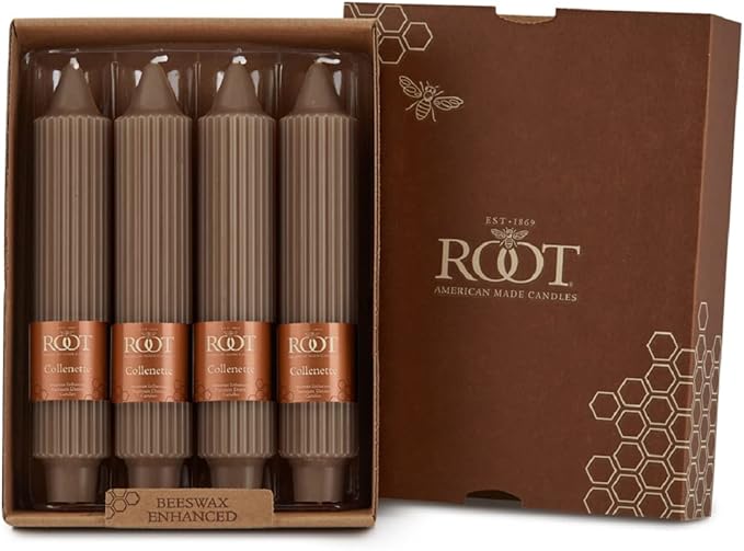 Root Candles 4-Count Unscented Dinner Candles Dripless Beeswax Enhanced Grecian Collenette Boxed Candle Set, 7-Inch, Portobello