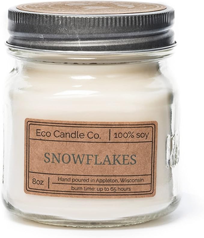 ECO CANDLE CO. Mason Jar Candle, Snowflakes, 8 oz. - Scents of Winter, Flowers, & Mint - 100% Soy Wax, No Lead, Kraft Label & Antiqued Pewter Lid, Hand Poured, Made from Midwest Grown Soybeans