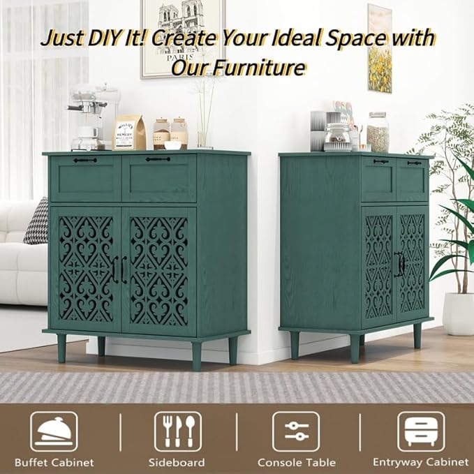 vistavie Green 2 Doors 2 Drawers Buffet Sideboard Cabinet - Accent Cabinet with Adjustable Shelves，31.5 Inch Wide Wood Storage Cabinets for Dining Room,Study Room and Kitchen