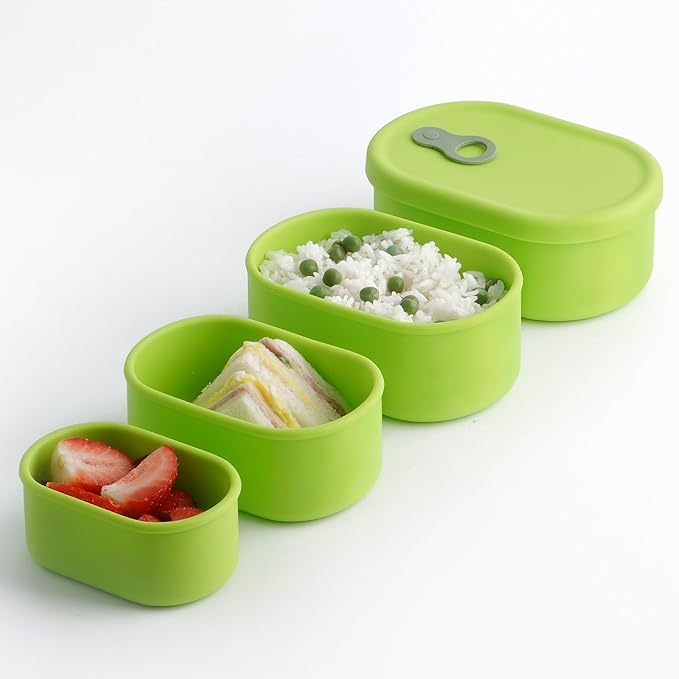 Premium Korean-Made Silicone Airtight Food Container with Steam Vent – BPA Free, Leakproof, Microwave & Freezer Safe Meal Prep. & Leftovers Storage (Green Apple, 4p Multi-Size Set)